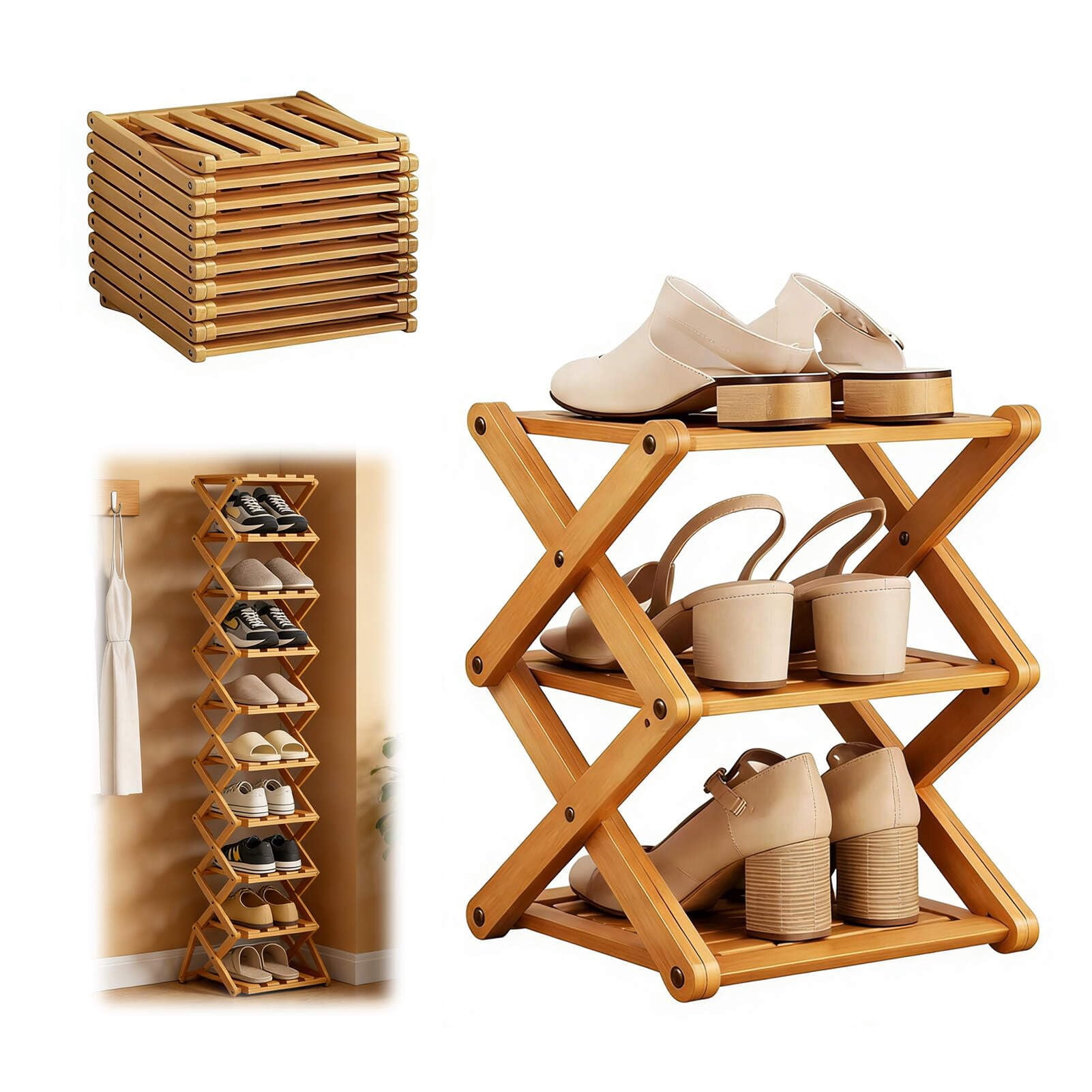 2-9 Tier Durable Foldable Bamboo Shoe Rack, Heavy Duty Foldable Shelf ...