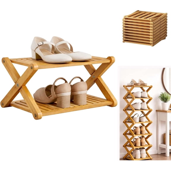 The 2-9 Tier No-Assembly Bamboo Rack, Collapsible Vertical Design, Folding Accordion Shoe Rack, Shoe Organizer with 2–9 Tier Options for Entryway and Closet