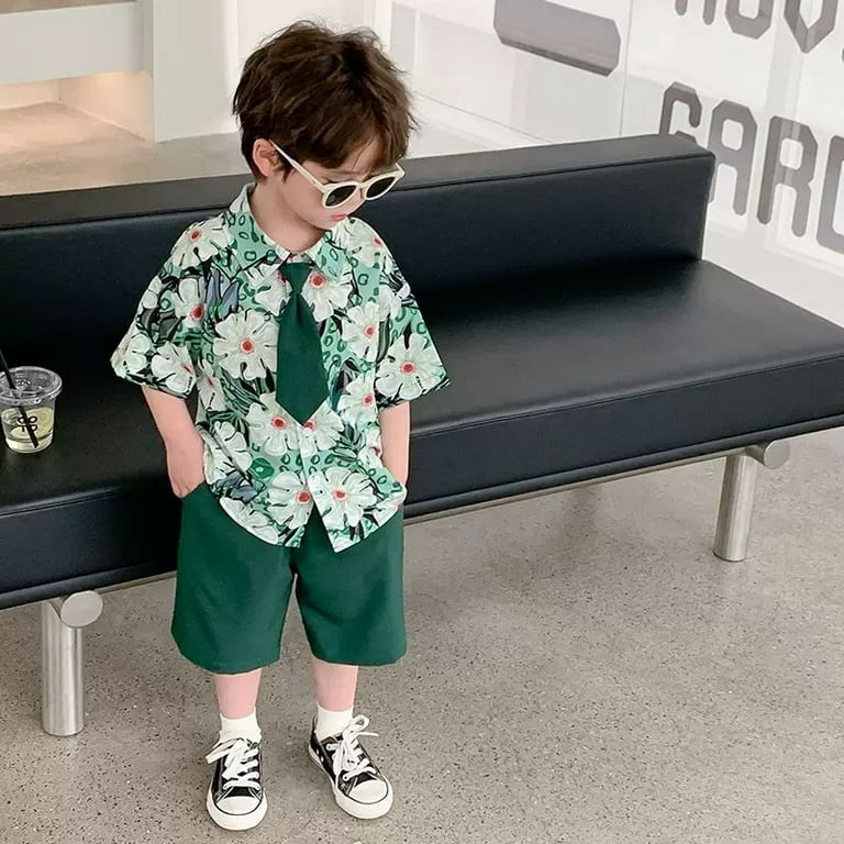 2-9 Yrs Boys Summer Flower Set 2023 New Green Short Sleeve Shirt+