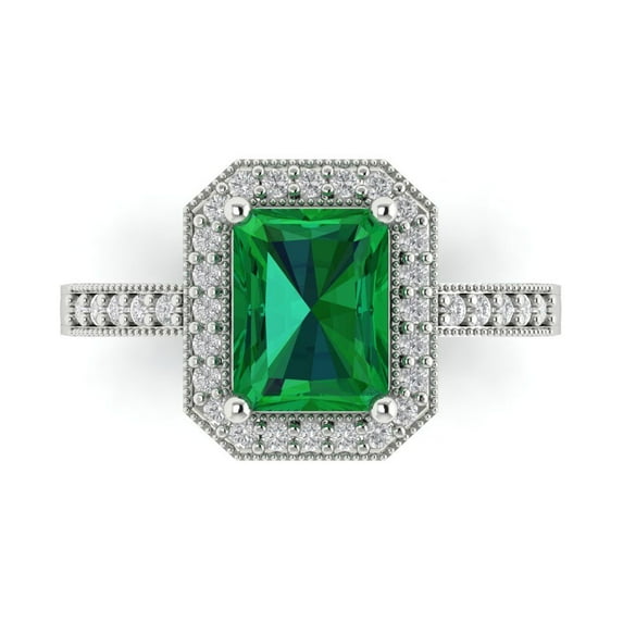 2.78 ct Emerald Cut Simulated Emerald with Simulated Diamond Halo Accents 14K White Gold Womens Engagement Ring