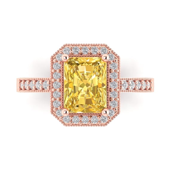 2.78 ct Emerald Cut Simulated Yellow Diamond with Simulated Diamond Halo Accents 14K Rose Gold Womens Engagement Ring