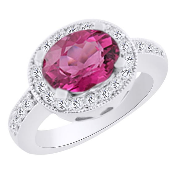 AFFY (2.9 cttw) Simulated Pink Sapphire & White Natural Diamond Halo Engagement Wedding Ring In 14k White Gold With Ring Size 9