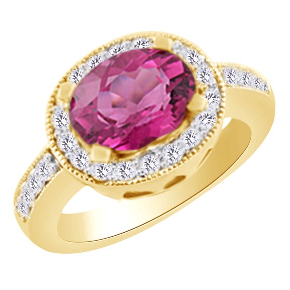 AFFY (2.9 cttw) Simulated Pink Sapphire & White Natural Diamond Halo Engagement Wedding Ring In 14k Yellow Gold With Ring Size 10.5