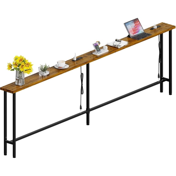 Keelian 90" Sofa Table with Built-in Power Strip with Charging Station Cord, Metal Frame, Easy Assembly, Long Couch Table Behind Sofa, Living Room and Home Office, Rustic Brown