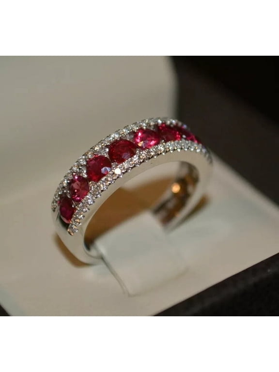 2.90Ct Round Cut Lab Created Red Ruby Wedding Band Ring 14K White Gold Plated
