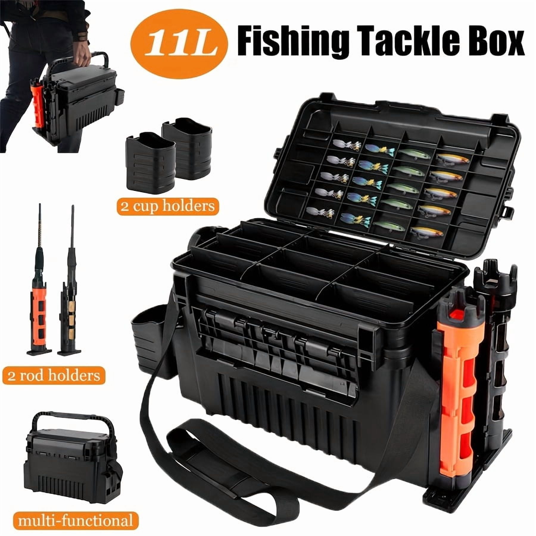 2.91Gal Dual-Layer ABS Fishing Tackle Box with 2 Rod Holders and 2 Cup Holders, Large Outdoor Fishing Storage Case