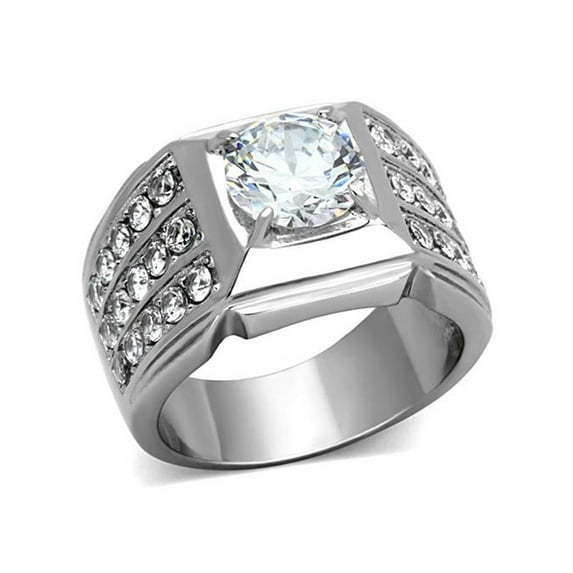 2.94 Ct Round Cut Cubic Zirconia, Silver Stainless Steel Unisex Ring Size 6