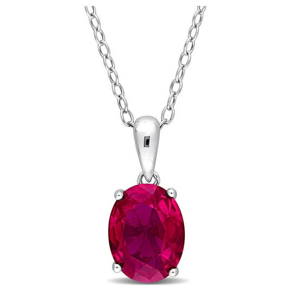 2.95 Carat (Ctw) Lab-Created Ruby Solitaire Oval Pendant Necklace in Sterling Silver with Chain for Women