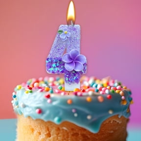 2.95 Inch Birthday Number Candles, Glitter Blue Purple Number Candles Cake Topper Flower Birthday Candles with Sequins for Anniversary Celebrations Supplies (Number 4)