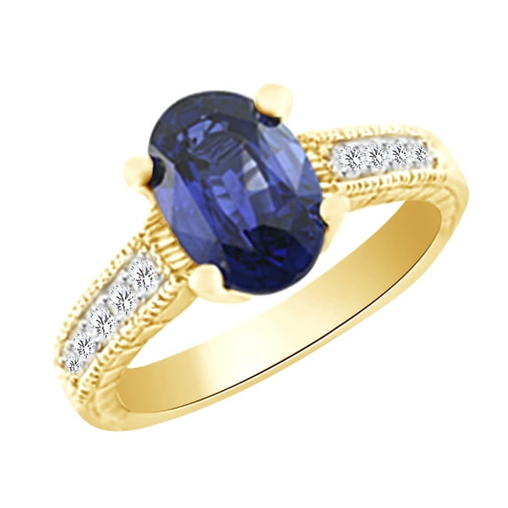 AFFY (2.95ct) Simulated Blue Sapphire & White Diamond Antique Style Engagement Ring In 14k Solid Gold With Ring Size 7