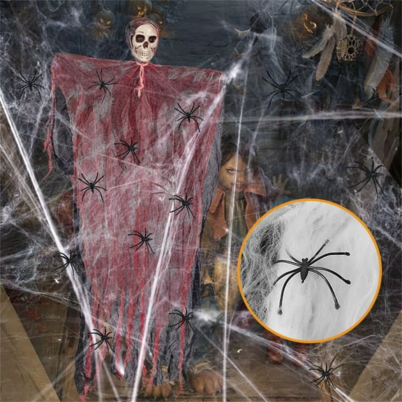 2.95ft Halloween Hanging Skeleton Ghost Decorations Outdoor Scary Moving Animated Halloween Props Haunted House Yard Decor with Tattered Webbing Spooky Party Supplies for Trees Porch