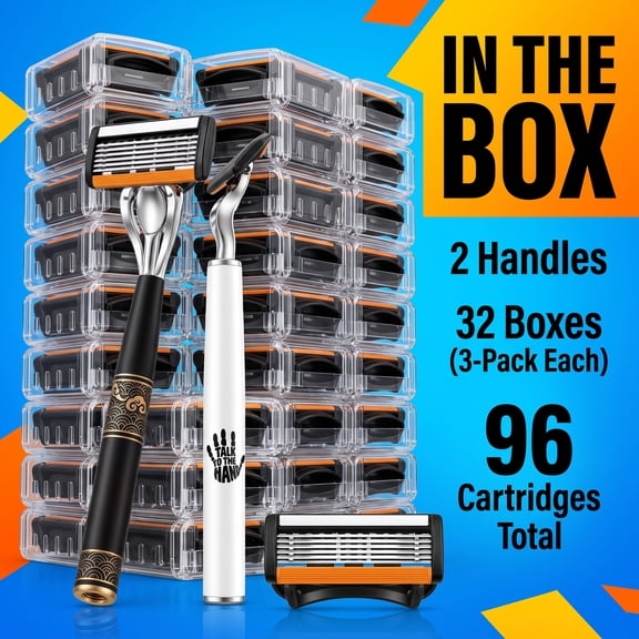 [2+96] Luxury Shaver with 6 Layers of Blades, Contains 2 Handles & 96 Replaceable Blades, Ergonomic Handle, Precision Design, A Smooth and Precise Beauty Kit for Men