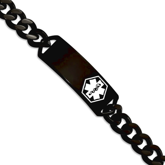 2.96mm Stainless Steel Polished Black Ip With White Enamel Med ID Bracelet 8 Inch Identification Bracelet for Women
