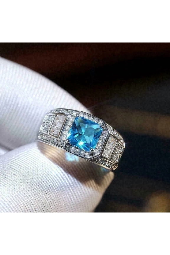 2.9Ct Princess Lab Created Blue Topaz Men's Halo Band Ring 14K White Gold Finish