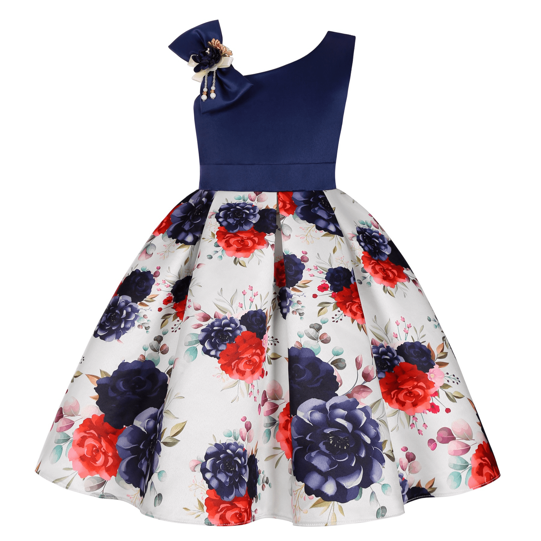 Girls Flower Print Pageant Dress - 2-9 Years Easter Party Gown With Ruffle Skirt