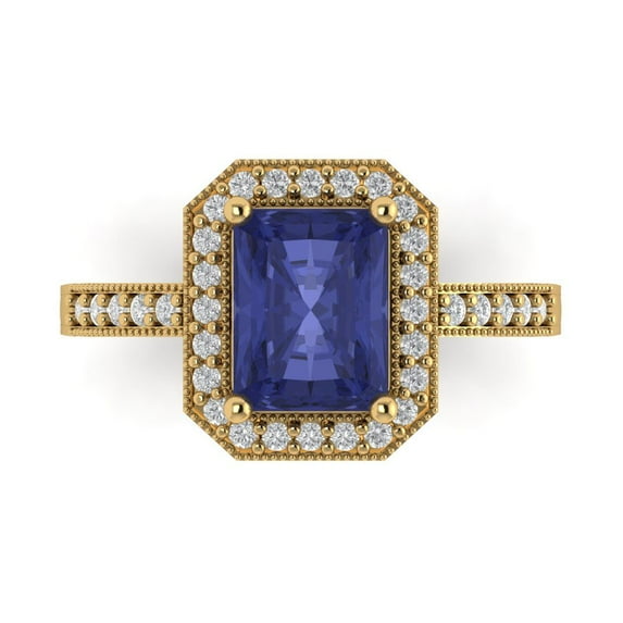 2.78 ct Emerald Cut Simulated Tanzanite with Simulated Diamond Halo Accents 18K Yellow Gold Womens Engagement Ring