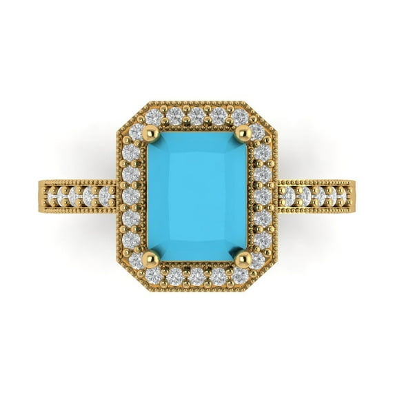 2.78 ct Emerald Cut Simulated Turquoise with Simulated Diamond Halo Accents 14K Yellow Gold Womens Engagement Ring