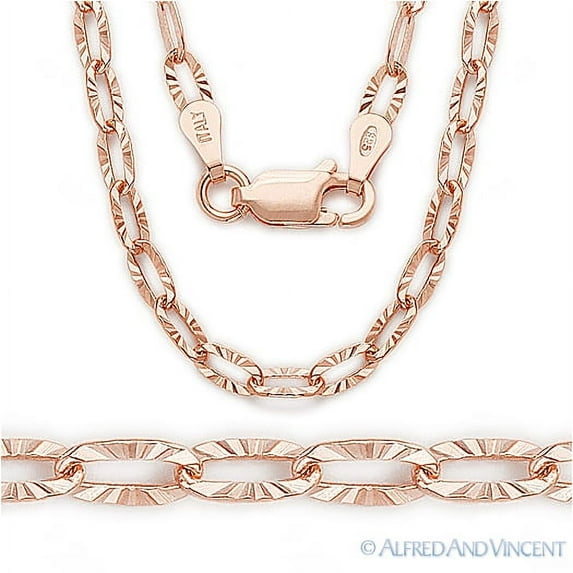 2.9mm D-Cut Pave Paper Clip Cable Link Chain Necklace in .925 Sterling Silver w/ 14k Rose Gold