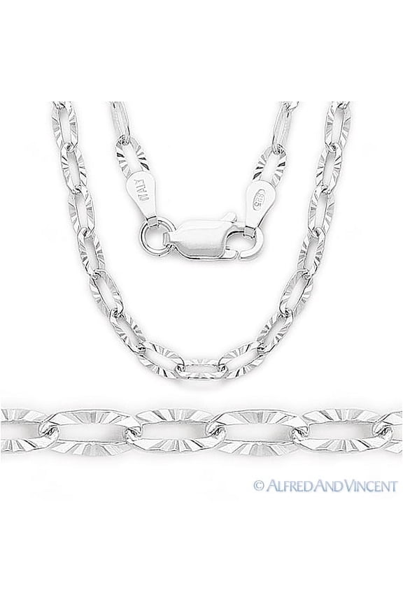 2.9mm D-Cut Pave Paper Clip Cable Link Chain Necklace in .925 Sterling Silver w/ Rhodium