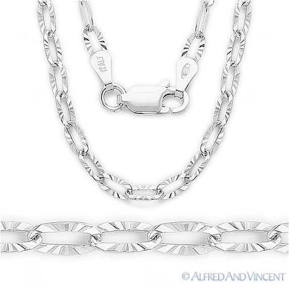 2.9mm D-Cut Pave Paper Clip Cable Link Chain Necklace in .925 Sterling Silver w/ Rhodium