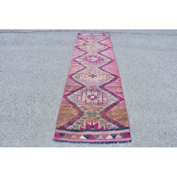 2.9x10.5 ft Area Rugs, Herki Rug, Oushak Rugs, Vintage Rug, Pink Anatolian Rugs, , Turkish Rug, Rugs For Living Room, Handwoven Nursery Rug