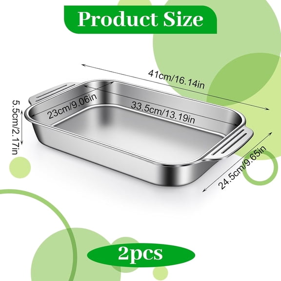 2 9x13 Stainless Steel Baking Sheets with Handles, Large Rectangular Cake Pans, Silver Baking Trays, Suitable for Fish, Cakes, Bread, Chicken, Vegetables