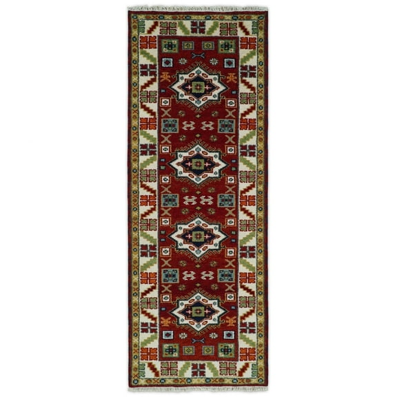 2.9x8 Hand Knotted Antique Kazak Runner Blue and Rust Traditional Tribal Armenian Rug | KZA6