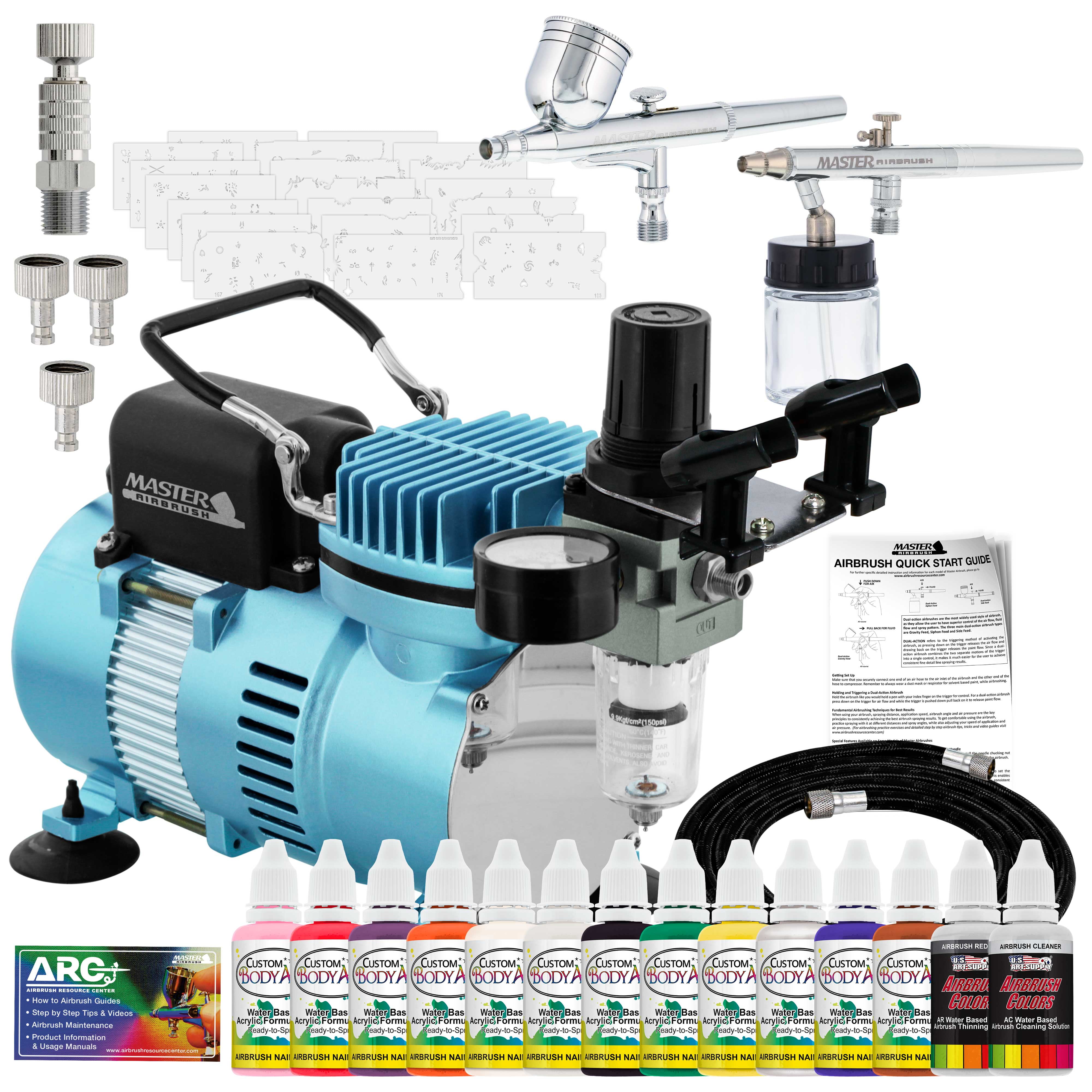 Master Airbrush Brand Finger Nail Decorating System. 2 Airbrushes, Air Compressor, Stencil Set of Over 100 Designs, 6' Hose, Holder, 12-1oz Color Nail Paint Kit, Cleaner