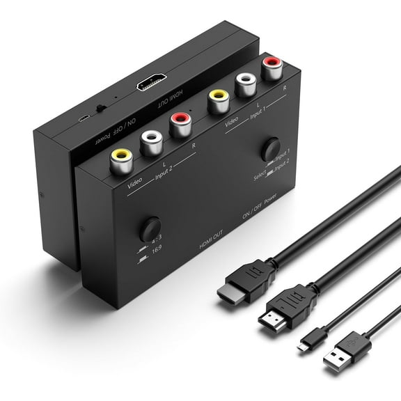 2 AV to HDMI Converter, 1080P/720P 2 Port RCA Composite CVBS AV Switch to HDMI Converter Adapter Support 4:3/16:9 Switching, for TV PC PS2 PS3 N64 NGC SNES WII VHS VCR Camera DVD