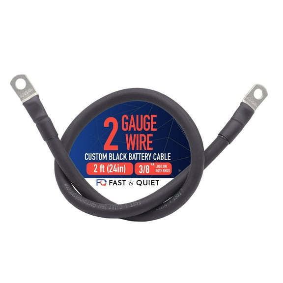 2 AWG Battery Cable with Battery Terminals, Pure Copper Wire, Automotive, Solar Power Inverter, Welding, Golf Cart, Lawn Mower, Motorcycle (Black Wire, 2 FT (24 in), 3/8" Lugs on Both Ends, 1pc)