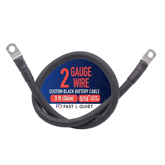 2 AWG Battery Cable with Battery Terminals, Pure Copper Wire, Automotive, Solar Power Inverter, Welding, Golf Cart, Lawn Mower, Motorcycle (Black Wire, 3 FT (36 in), 5/16" Lugs on Both Ends, 1pc)