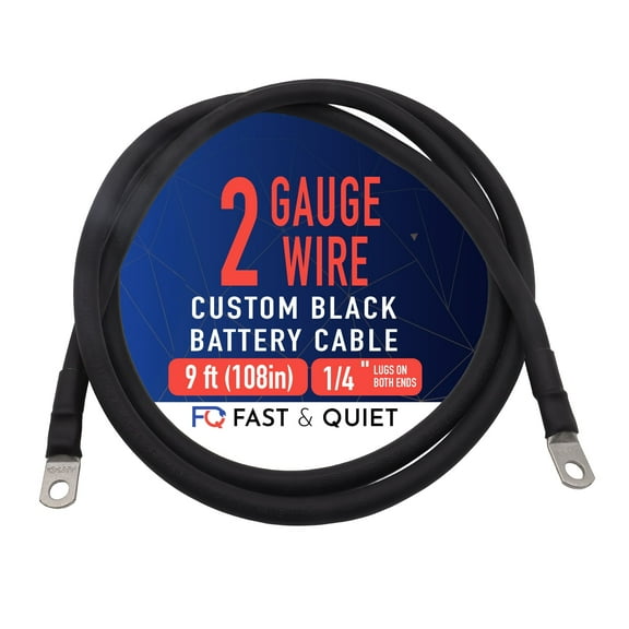 2 AWG Battery Cable with Battery Terminals, Pure Copper Wire, Automotive, Solar Power Inverter, Welding, Golf Cart, Lawn Mower, Motorcycle (Black Wire, 9 FT (108 in), 1/4" Lugs on Both Ends, 1pc)