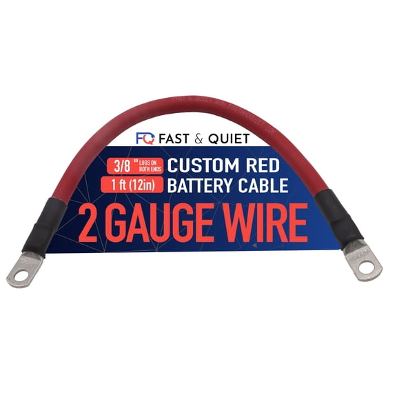 2 AWG Battery Cable with Battery Terminals, Pure Copper Wire, Automotive, Solar Power Inverter, Welding, Golf Cart, Lawn Mower, Motorcycle (Red Wire, 1 FT (12 in), 3/8" Lugs on Both Ends, 1pc)