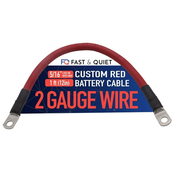 2 AWG Battery Cable with Battery Terminals, Pure Copper Wire, Automotive, Solar Power Inverter, Welding, Golf Cart, Lawn Mower, Motorcycle (Red Wire, 1 FT (12 in), 5/16" Lugs on Both Ends, 1pc)