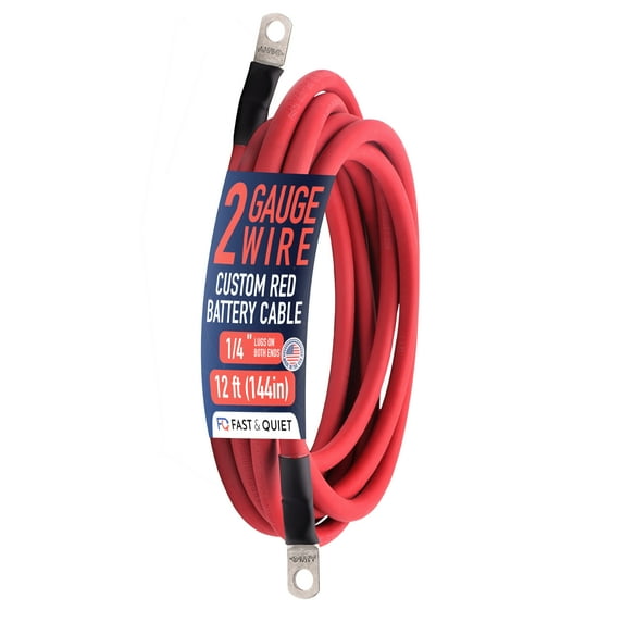 2 AWG Battery Cable with Battery Terminals, Pure Copper Wire, Automotive, Solar Power Inverter, Welding, Golf Cart, Lawn Mower, Motorcycle (Red Wire, 12 FT (144 in), 1/4" Lugs on Both Ends, 1pc)
