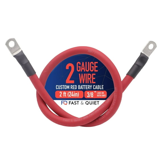 2 AWG Battery Cable with Battery Terminals, Pure Copper Wire, Automotive, Solar Power Inverter, Welding, Golf Cart, Lawn Mower, Motorcycle (Red Wire, 2 FT (24 in), 3/8" Lugs on Both Ends, 1pc)