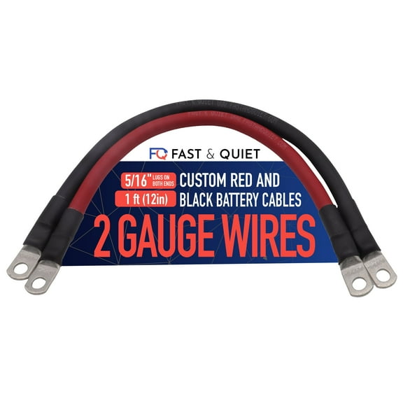 2 AWG Battery Cables with Terminals, Positive and Negative Wires Pure Copper, Auto, Solar Power Inverter, Welding, Golf Cart, Motorcycle (Red and Black, 1 FT (12 in), 5/16" Lugs on Both Ends, 2pcs)