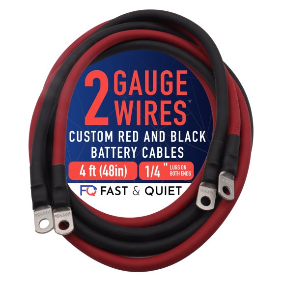 2 AWG Battery Cables with Terminals, Positive and Negative Wires Pure Copper, Auto, Solar Power Inverter, Welding, Golf Cart, Motorcycle (Red and Black, 4 FT (48 in), 1/4" Lugs on Both Ends, 2pcs)