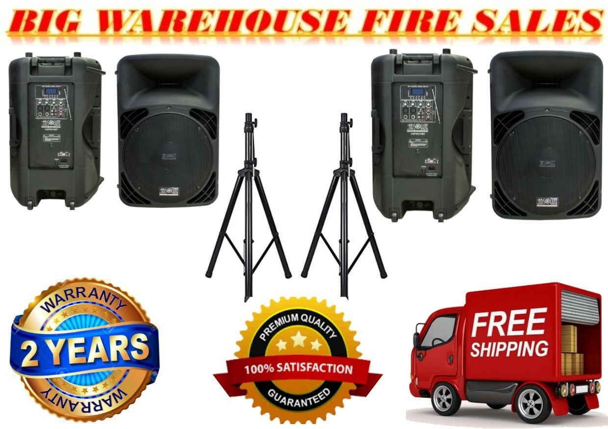 2 Absolute USPRO15 15" PRO Powered Active 2500w DJ PA Speaker Bluetooth + STAND