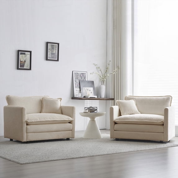 Modern Chenille Armchairs Set of 2, 85×80×75cm, Beige, Sturdy Solid Wood Frame with High-Quality Sponge and Breathable Fabric