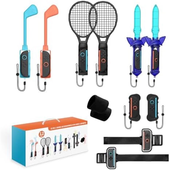 2   Accessories Bundle, 12 in 1  Accessories Kits for  2(2025), Family  Party  with Tennis Rackets,Golf Clubs,Chambara Swords, Straps & Joycon Grips