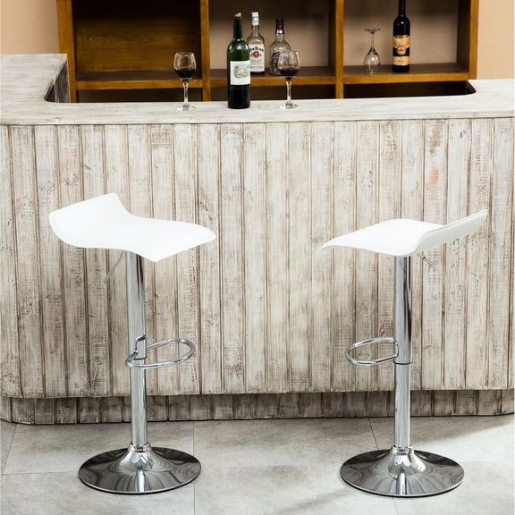 Of 2 Air Lift Swivel Stools With Contemporary Flair And White Seat. Metal Base. Seat Height Adjustable 24 - 30 Inch. 15"w X 15"d (28 34)"h. Assembly Required After Uncasing Commodity Look. Faux
