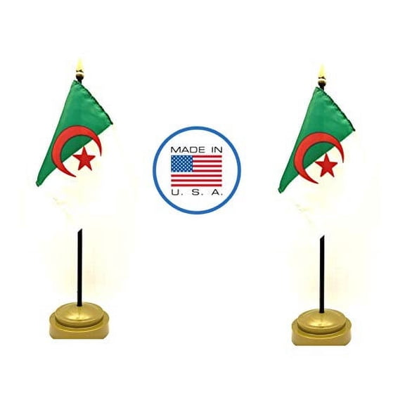 2 Algeria Miniature Desk & Hand Waving Flags Set - Includes 2 Rayon 4"x6" Flags, 2 Bronze Stands, and 2 Mini Algerian Stick Flags