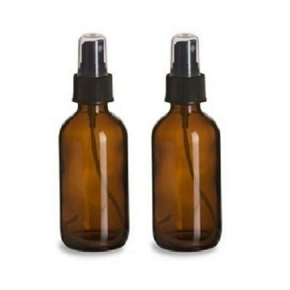 2 Amber 4oz Boston Round Glass Bottle Black Spray Fine Ribbed Mist Sprayer