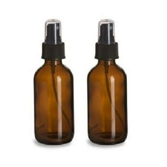 2 Amber 4oz Boston Round Glass Bottle Black Spray Fine Ribbed Mist Sprayer