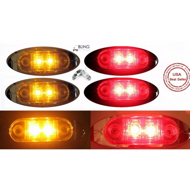 2 Amber and 2 Red Clear Lens Oval Flat Base Clearance Fender 2" Side Marker LED Light Truck Trailer