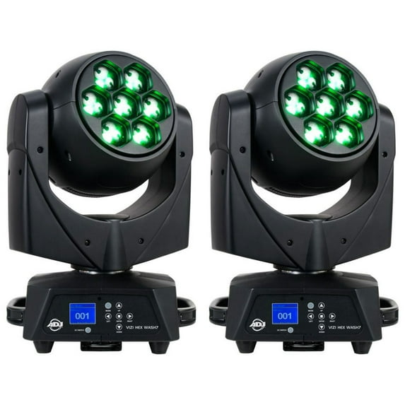 (2) American DJ ADJ VIZI HEX WASH 7 RGBWA+UV LED Wireless DMX Moving Head Lights