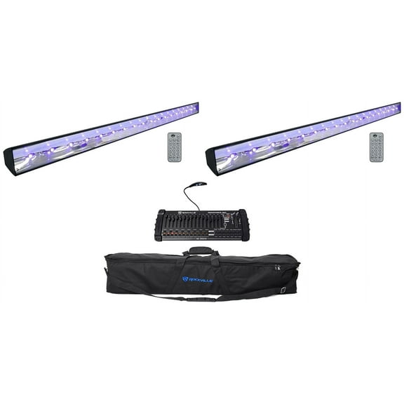 (2) American DJ ECO BAR UV DMX Ultraviolet LED Black Lights+Remotes+Bag+Control