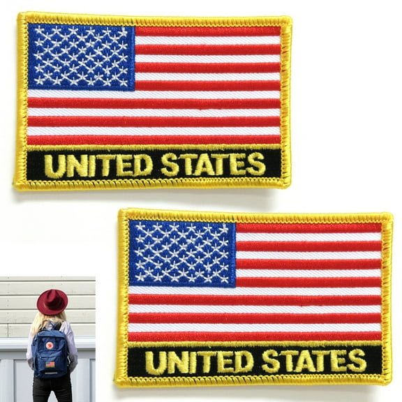 2 American Flag Embroidered Patch Iron On Gold Border Usa Us United Stated New !