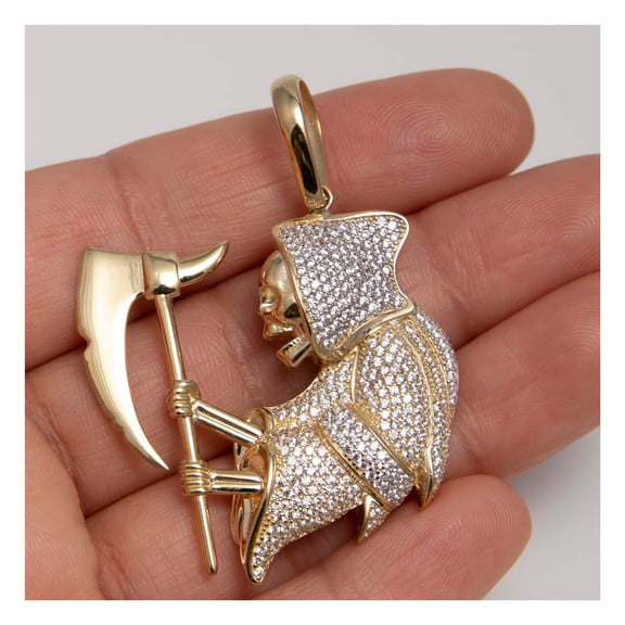 2" CZ Angel of Death Reaper Pendant Unisex Adult 10K Yellow Gold 13.33 Gr, Goldum NYC